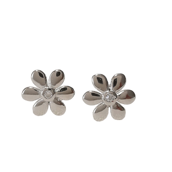 STERLING silver Forget me Not stud earrings with Diamond center - Picture 1 of 9